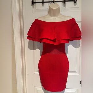 Endless Rose Red Off-Shoulder Ruffle knit Bodycon Dress